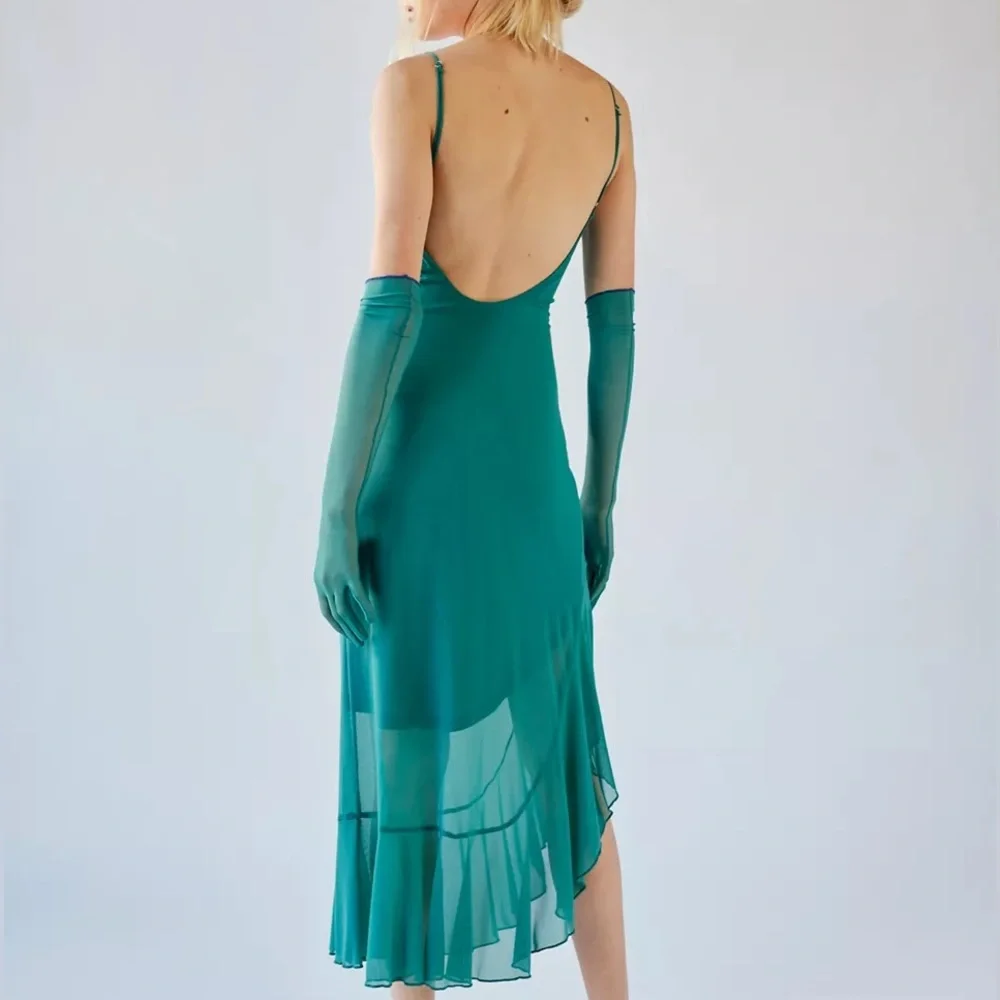 {NWT} Urban Outfitters | Glamour Girl Mesh Overlay Midi Dress Teal Green/Blue S - Picture 2 of 16
